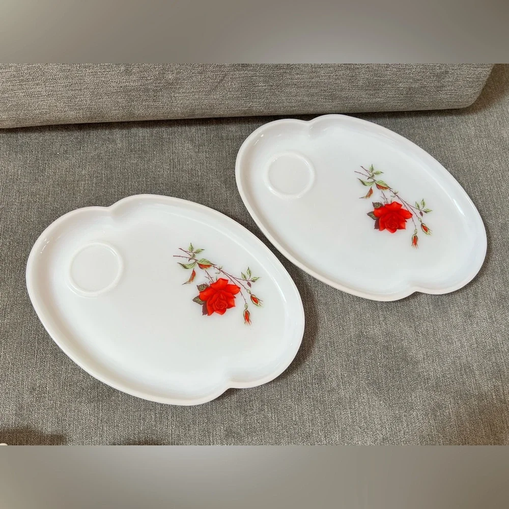 Tea Cup and Plate White Federal Milk Glass Red Rose‎ Vintage
